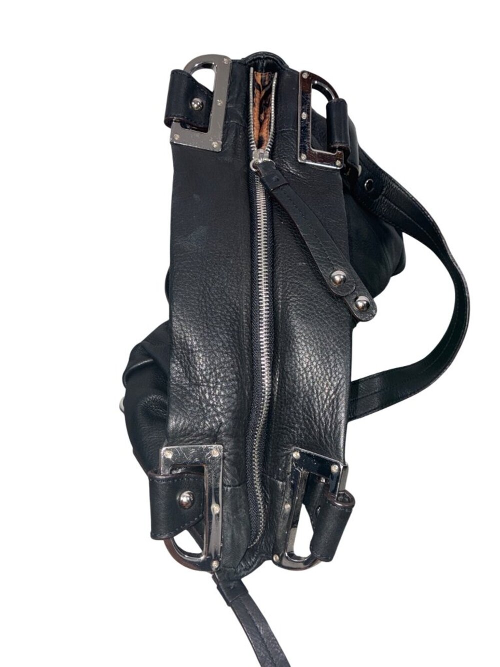 B. Makowsky Black Genuine Leather Shoulder Bag With Leopard Print Lining And Sil - Picture 6 of 13